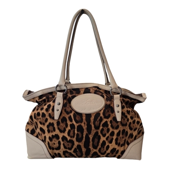 Dolce & Gabbana Black Brown Leopard Print Canvas Ivory Leather Tote Shoulder Bag - Picture 1 of 14